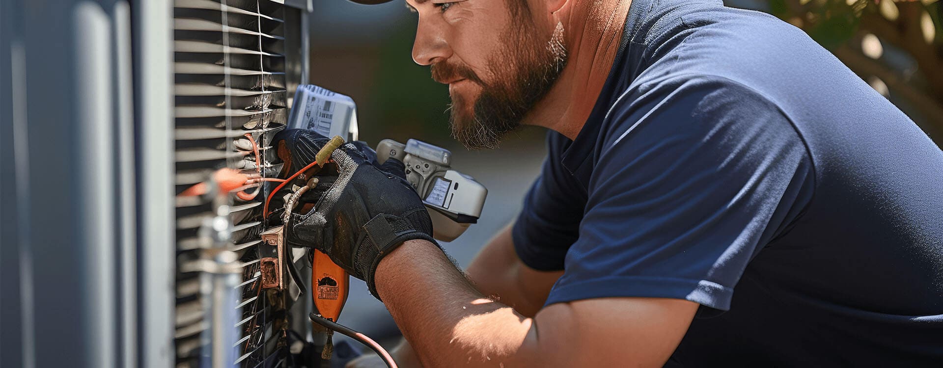 HVAC technician servicing heating and air conditioning system in a Broomfield Colorado home.